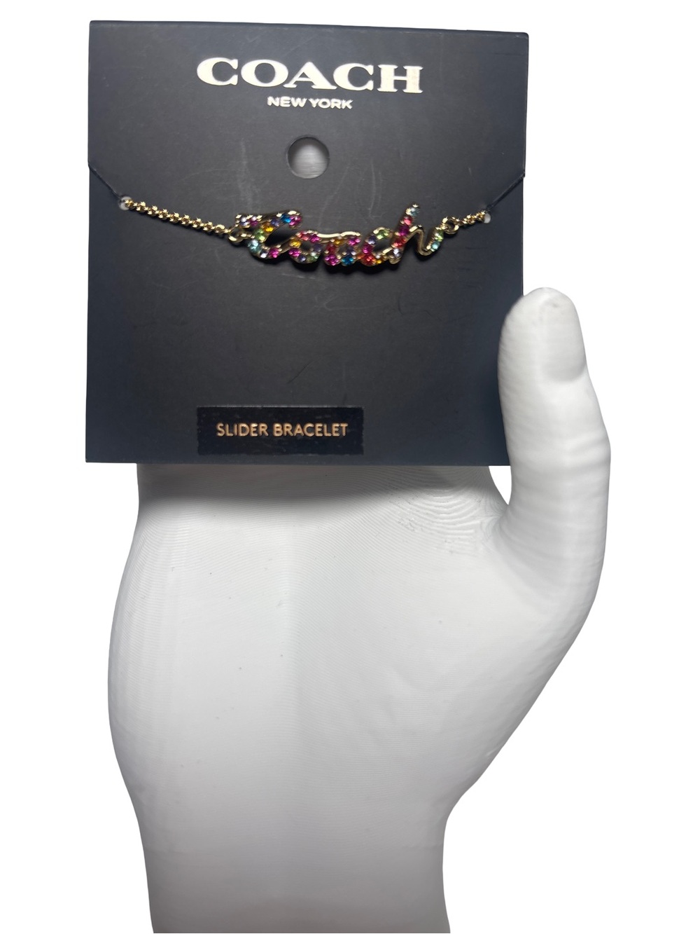 Coach Gold and Rainbow Crystal Signature Slider Bracelet with Multicolor Stones